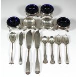 A harlequin set of six Georgian and Victorian Scottish silver circular salts with bead mounts,