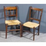 A child's stained beechwood stick back rush seated occasional chair, on turned front legs and