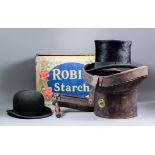An early 20th Century brushed silk top hat with original leather carrying box, a bowler hat by