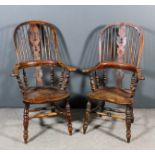 Two 19th Century ash and elm "Yorkshire" Windsor stick back armchairs, each with fretted splats,