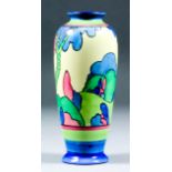 A Clarice Cliff "Bizarre" pottery vase (Shape No. 186) painted with "Rudyard" pattern, 7ins high,