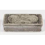 A 19th Century Russian silvery metal and niello work rectangular snuff box, the lid decorated with a