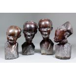 A group of four African carved hardwood busts - Three men and a woman, 10.5ins to 12ins high