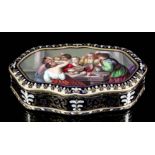 A fine French 18ct gold and enamel snuff box of shaped outline, the cover enamelled in colours