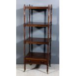 A 19th Century mahogany rectangular four tier whatnot with spindle turned supports, turned finials