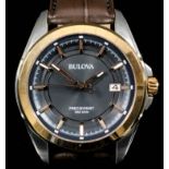 A gentleman's automatic wristwatch by Bulova, the grey dial with gold batons and date aperture, 43mm