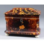 An early 19th Century tortoiseshell rectangular two division tea caddy of sarcophagus shape,