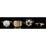 Two 9ct gold mounted "flowerhead" gem set rings, and two 9ct gold signet rings (sizes O, K+, K and