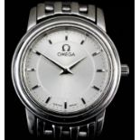 A modern lady's Omega stainless steel cased quartz wristwatch, the silver dial with silver baton