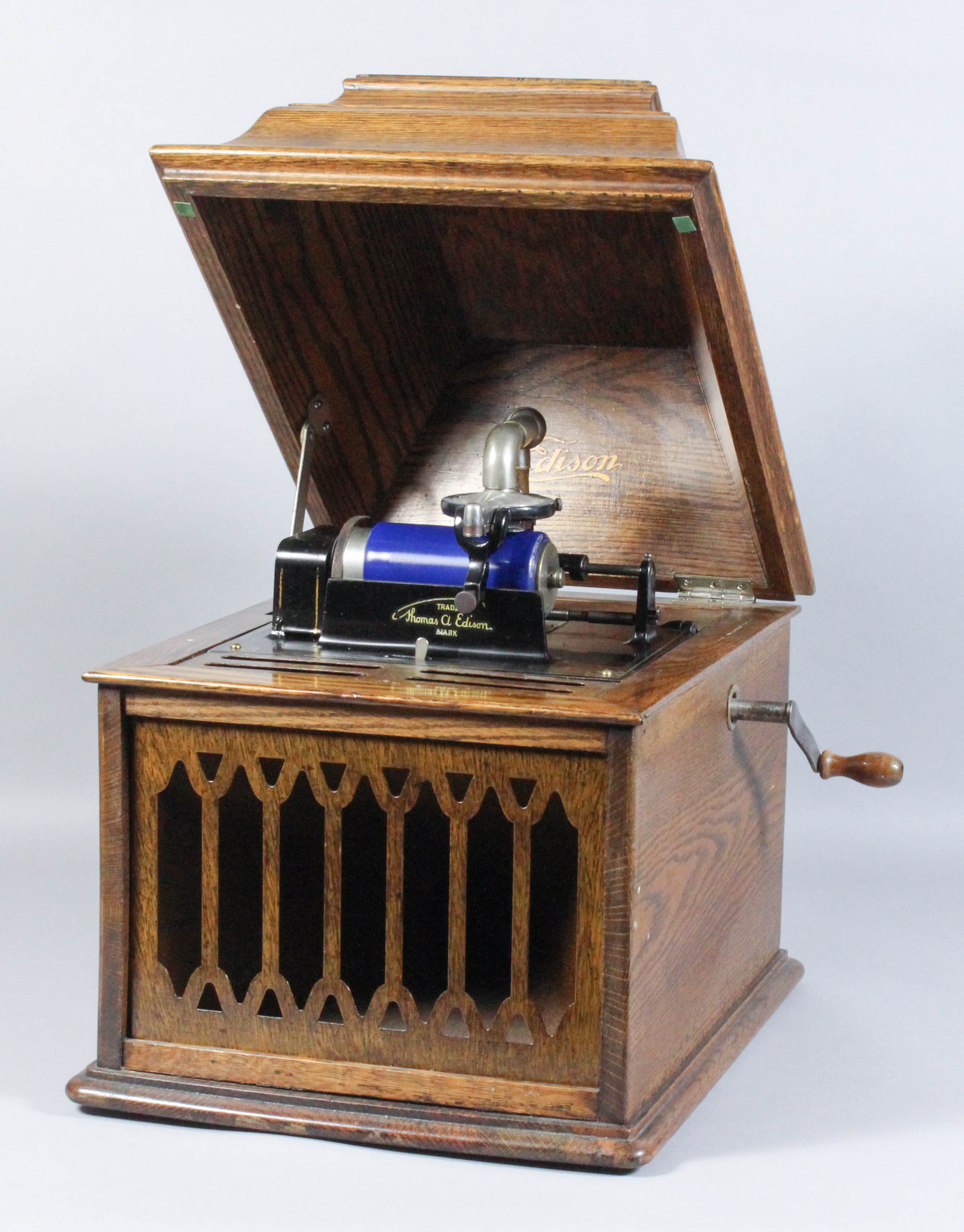 An early 20th Century Edison "Amberola" phonograph, No. 2958, contained in oak rectangular case with