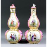 A Pair of late 19th Century Helena Wolfsohn porcelain double-gourd vases and covers, enamelled in