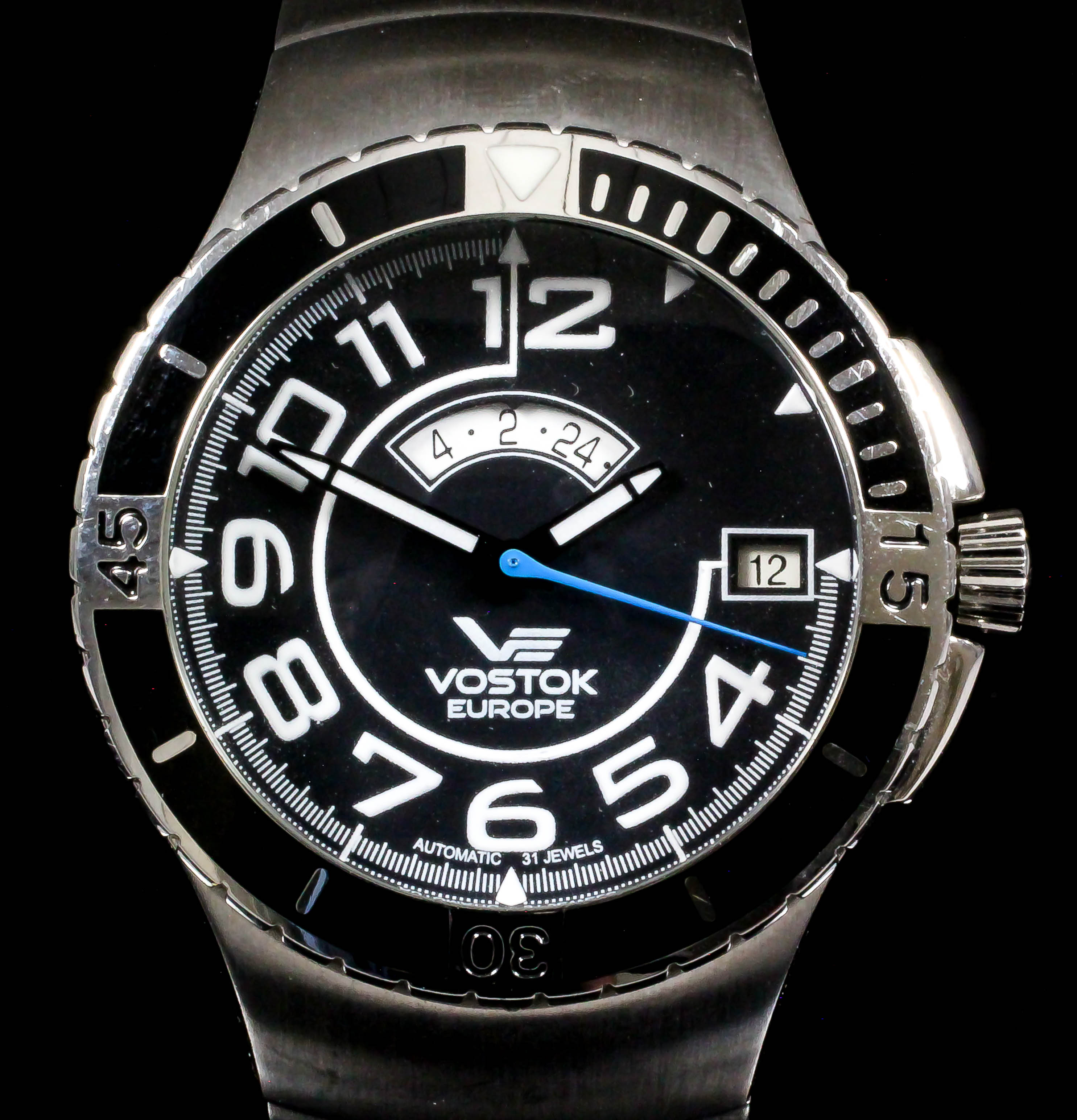 A gentleman's automatic "TU-144" wristwatch by Vostok, the black dial with white Arabic numerals,