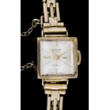 A Lady's 9ct gold cased cocktail wristwatch by Avia, the 15mm square dial with baton numerals