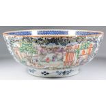 A Chinese Export porcelain punch bowl, enamelled in colours with figures in an extensive