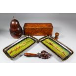 A turned fruitwood pear shaped tea caddy, 7.5ins high, a French kingwood rectangular glove box