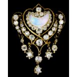 A French 18ct gold mounted diamond and opal brooch of open cartouche form, set with central crescent