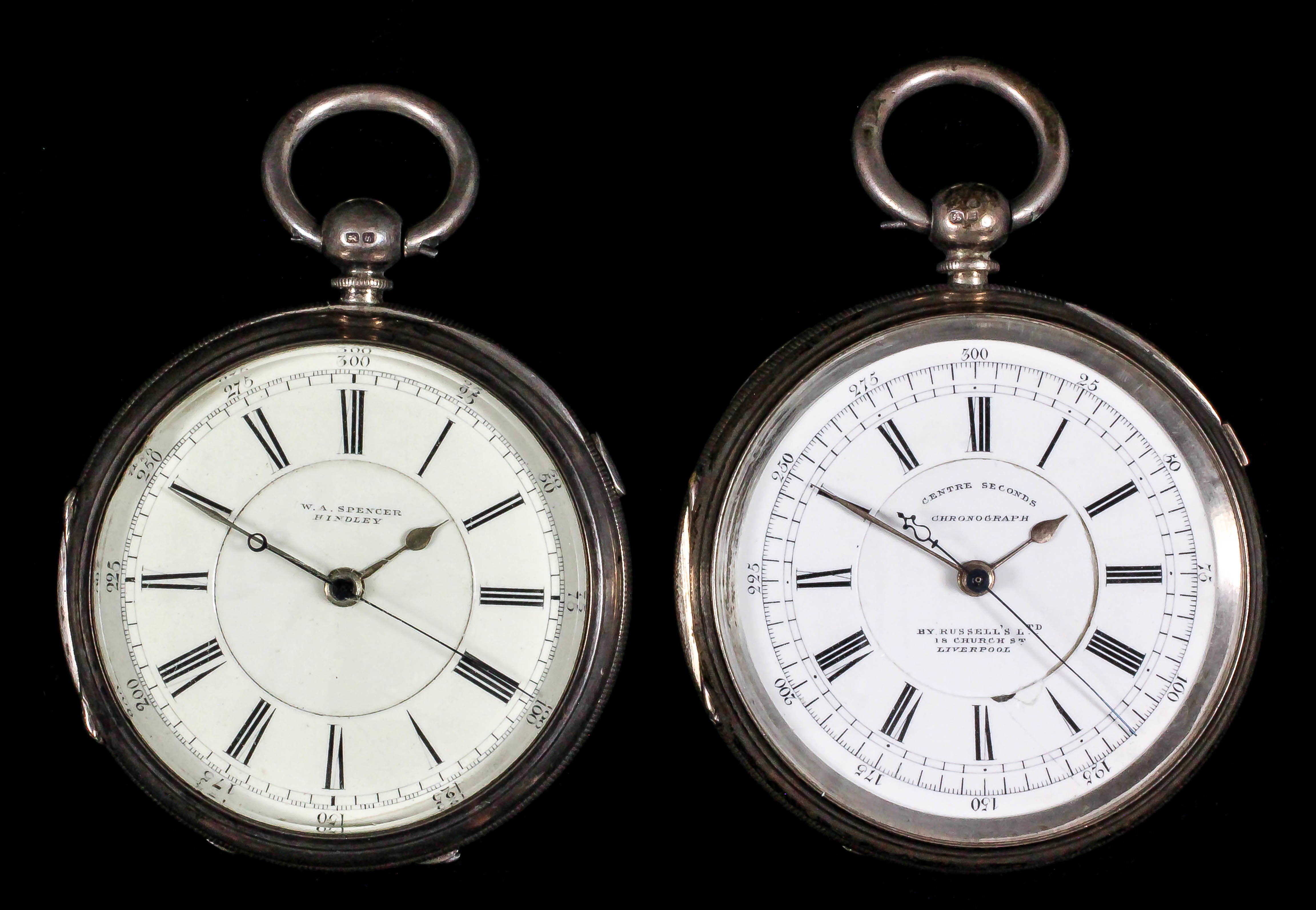 Two late Victorian silver open faced chronographs, one by W.A. Spencer of Hindley, No. 85811, the