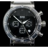 A gentleman's quartz designer wristwatch by Hugo Boss, the black dial with black Roman numerals,