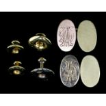 A pair of gentleman's 9ct gold oval cufflinks, the oval faces engraved with monogram and engine