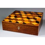 A 19th Century Tunbridge ware and harewood writing slope, the parquetry top opening to reveal