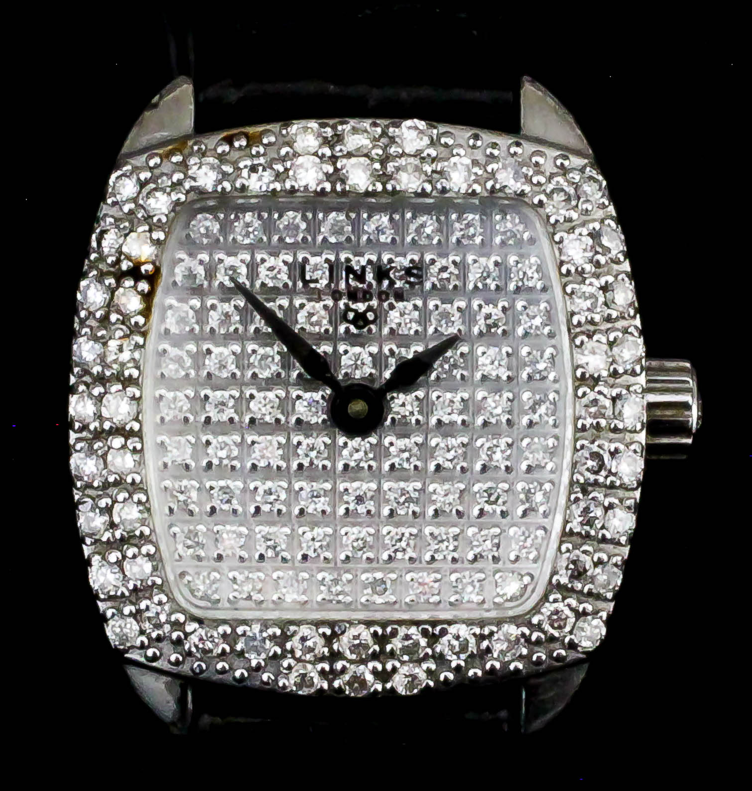 A modern lady's Links silver cased wristwatch, the square dial and bezel pave set with white stones,