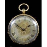 A late 19th/early 20th Century Continental lady's 18k gold cased open faced pocket watch, the gilt