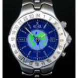 A gentleman's "Sportwave World Time" wristwatch by Ebel, the blue dial with silver baton numerals,