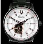 A gentleman's automatic wristwatch by Bulova, the white dial with exposed balance cock, stainless