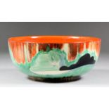A Clarice Cliff pottery bowl painted with "Forest Glen" pattern, 7.75ins diameter x 3.25ins high, (