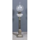 A late Victorian plated oil lamp, the base modelled as a Corinthian column on a square stepped