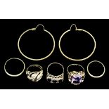 A modern 14ct gold mounted and amethyst ring (size O), four other 9ct gold rings, and a pair of