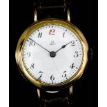 An early 20th Century gentleman's Omega 18ct gold cased wristwatch, the white enamel dial with