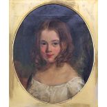 19th Century school - Oil painting - Shoulder length portrait of a young girl, canvas, oval 18ins