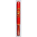 A 19th Century turned wood truncheon, painted with "A.I.O. of O.F.K.U.", surrounding crown, on a red