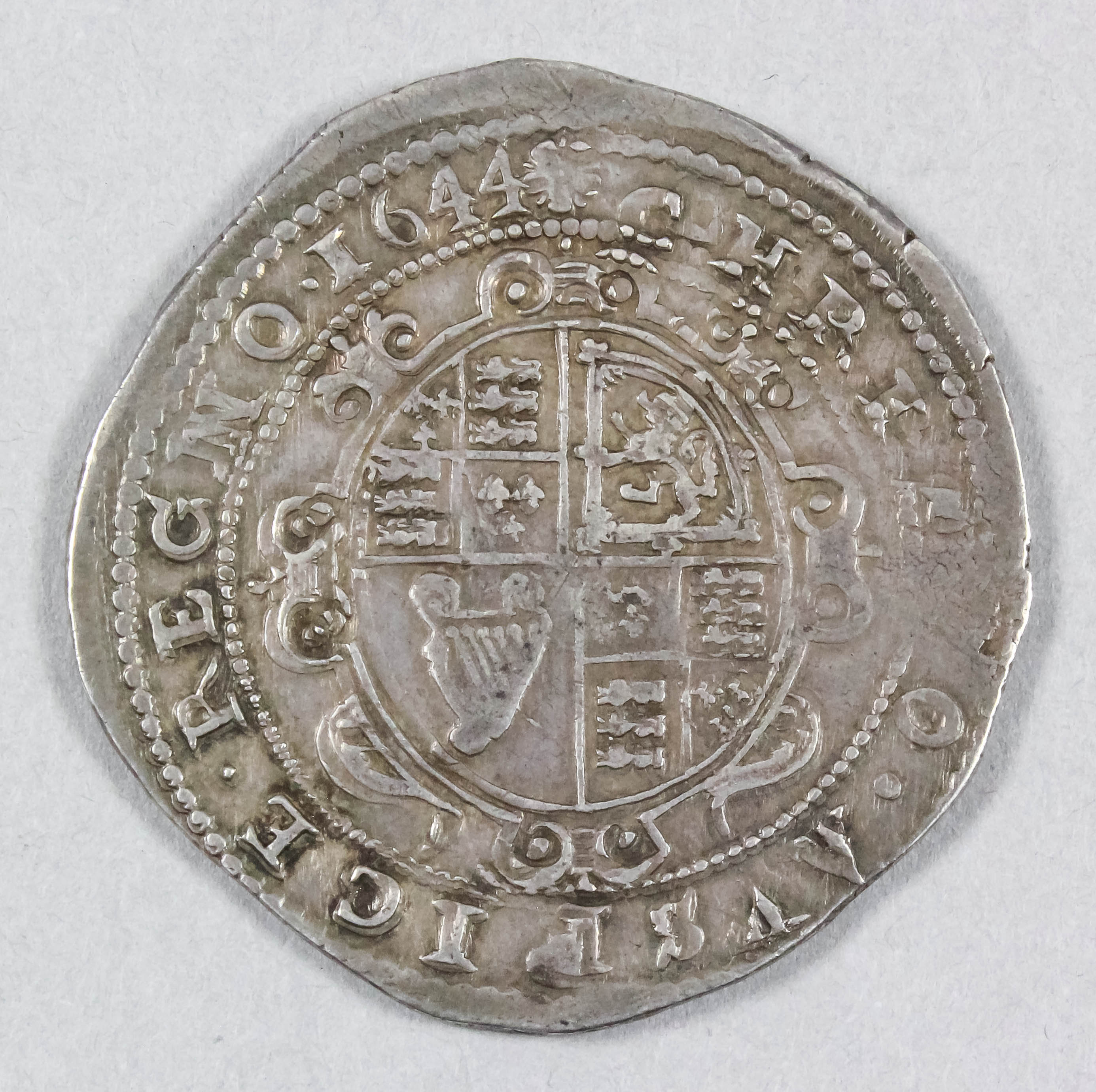 A Charles I (1625-1649) hammered silver 1644 Crown (Exeter Mint - mint mark Rose), 44.6mm