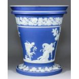 A 19th Century Wedgwood blue jasperware wine cooler, 12.5ins diameter by 14ins high