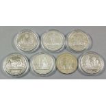 Seven Elizabeth II silver proof Crowns, issued by the London Mint and all commemorating Admiral Lord