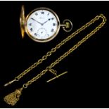 A George V 9ct gold half hunting cased keyless pocket watch, the white enamel dial with Roman