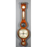A George III mahogany wheel cased barometer, thermometer and hydrometer, with 8ins silvered dial and