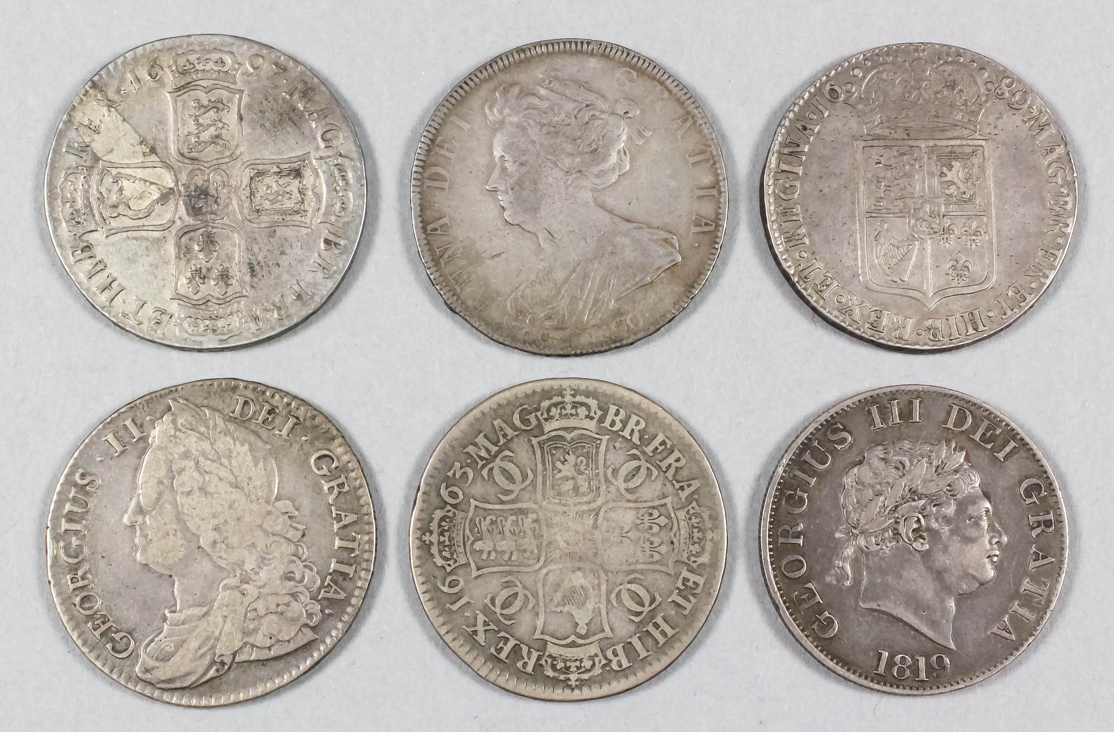 Six half Crowns, Charles II 1663, William & Mary 1689, William III 1697 (Bristol Mint), Queen Anne