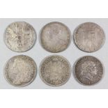 Six half Crowns, Charles II 1663, William & Mary 1689, William III 1697 (Bristol Mint), Queen Anne
