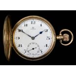 A George V 9ct gold full hunting cased Omega keyless pocket watch, No. 5753932, in plain 9ct gold