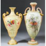 A Royal Worcester blush ivory porcelain two-handled urn-shaped vase decorated with wild flowers,