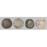 Four Charles I (1625-1649) shillings, mint marks Anchor (1828-1629), (R) (1644-1645), Sun (1645-
