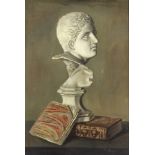 19th Century Continental school - Oil painting - Still life with bust of Roman male and books, panel