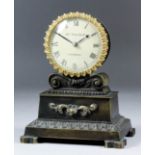 An 19th Century bronze cased mantel timepiece, the 3ins diameter painted metal dial repainted with