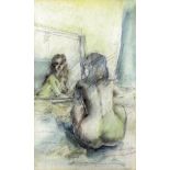 ***David Armitage (born 1943) - Watercolour and pencil - Seated nude female looking at reflection,
