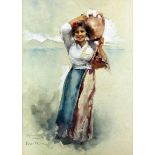 Giuseppe Gelanze (1867-?) - Two watercolours - Standing girl carrying a two-handled water pot on her