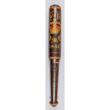 A Victorian turned wood truncheon, painted with "VR" over crown over laurel wreath, dated 1840,