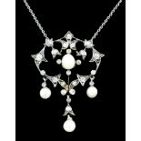 A 20th Century white and yellow gold mounted diamond and pearl pendant of open scroll form, set with